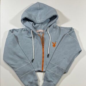 Playboy x Missguided Cropped Zip Hoodie Blue Bunny Logo Women Size Medium